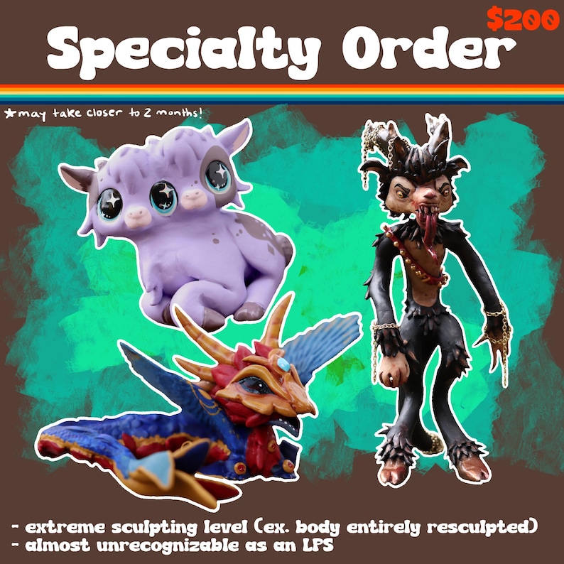 May include: Three custom sculpted figurines on a brown background with the text Specialty Order. One is a purple multi-eyed creature, one is a blue and red winged dragon-like figure, and one is a black horned creature with chains and a long tongue.