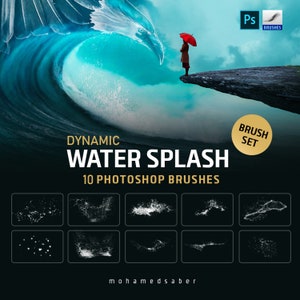 May include: A set of 10 Photoshop brushes for creating dynamic water splash effects. The brushes are shown in a grid of 10 squares, each with a different water splash effect. The brushes are designed to be used in Photoshop to create realistic water splash effects.