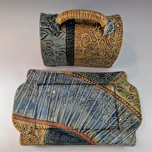 Blue Leaves, Ivy & Forest Textured Handmade Ceramic Butter Dish