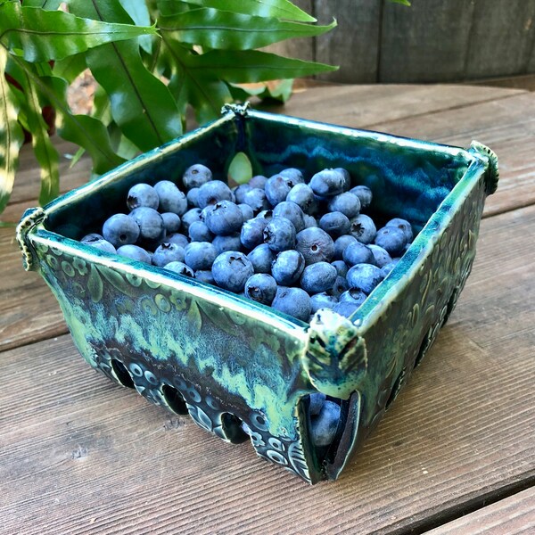 Blue & Green Iridescent Blueberry Textured Handmade Ceramic Colander