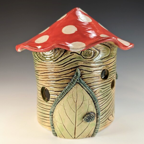 Fairy Garden House with Red Mushroom Roof - Handmade Ceramic