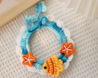 Gold Fish Crochet Cat & Small Dog Collar, Handmade Starfish Clothes Accessory for Kitten and Puppy, Cute Unique Pet Parent Gift Present Idea