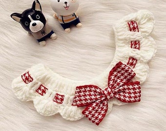 Cute Bow Tie Cat & Small Dog Collar, Soft Crochet Handmade Pet Clothes Accessory, Luxury Fancy Unique Japanese Style Bandana for Kitten