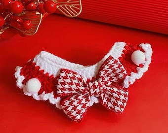 Collar para gatos y perros pequeños con pajarita y pompón, lindo accesorio de ropa para mascotas hecho a mano en crochet, regalo adorable y elegante para gatitos, regalo de lujo para cachorros kawaii.