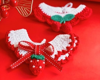 Strawberry & Cherry Crochet Cat and Dog Collar, Handmade Cute Pet Bandana, Fruit Kitten Neckwear, Fancy Luxury Small Dog Clothes Accessory