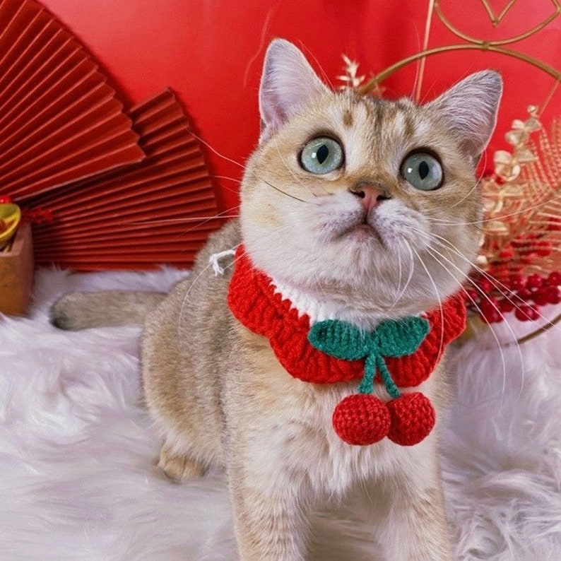 Strawberry & Cherry Crochet Cat and Dog Collar, Handmade Cute Pet Bandana, Fruit Kitten Neckwear, Fancy Luxury Small Dog Clothes Accessory Cherry
