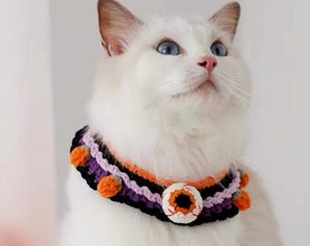 Spooky Eye Halloween Theme Cat & Small Dog Crochet Collar, Scary Pumpkin Pet Trick or Treat Neckwear, Unique Kitten and Puppy Clothes Outfit