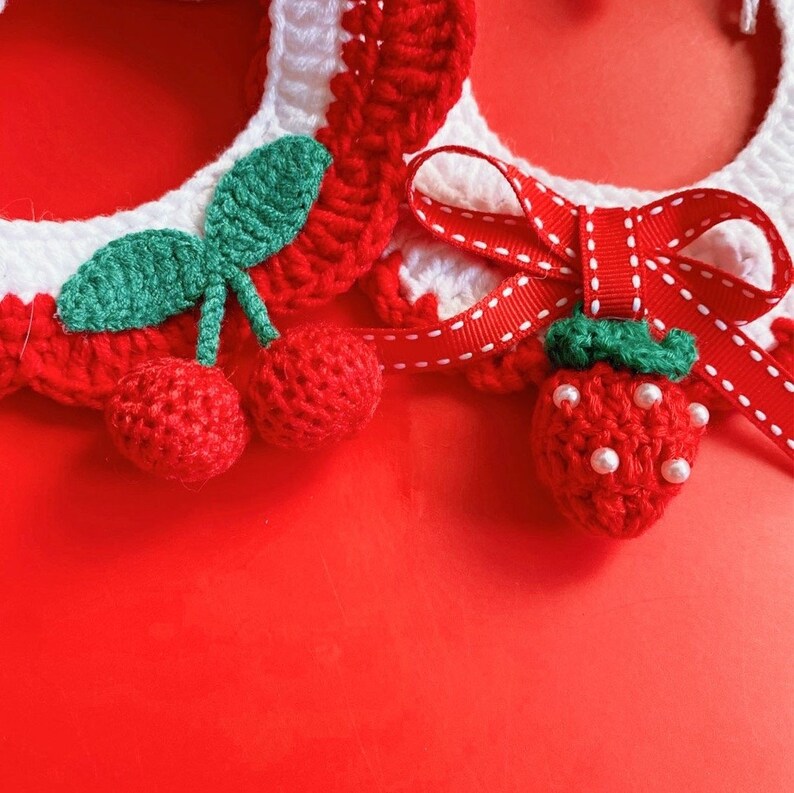 Strawberry & Cherry Crochet Cat and Dog Collar, Handmade Cute Pet Bandana, Fruit Kitten Neckwear, Fancy Luxury Small Dog Clothes Accessory image 2