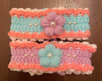 Handmade Floral Crochet Cat and Dog Collar, Cute Sparkle Pet Bandana, Unique Kitten Neckwear, Fancy Luxury Small Puppy Clothes Accessory