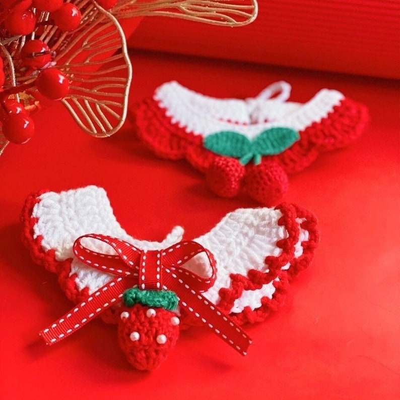 Strawberry & Cherry Crochet Cat and Dog Collar, Handmade Cute Pet Bandana, Fruit Kitten Neckwear, Fancy Luxury Small Dog Clothes Accessory image 1