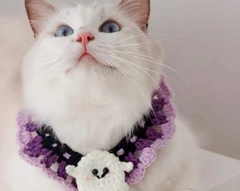 Halloween Theme Cat & Small Dog Crochet Collar, Cute Ghost Style Kitten and Puppy Bandana, Unique Spooky Pet Clothing, Trick or Treat Outfit