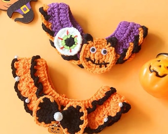 Halloween Theme Crochet Cat & Small Dog Collar, Spooky Eye Ghost Style Pet Trick or Treat Outfit, Cute Bow Pumpkin Kitten and Puppy Neckwear