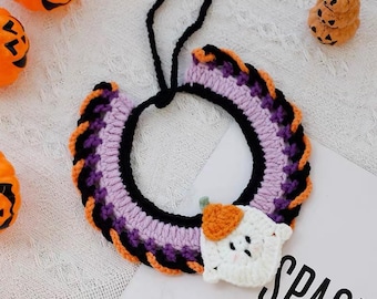 Collar de ganchillo para gatos y perros pequeños con temática de Halloween, disfraz espeluznante para pedir dulces o trucos, ropa única y adorable para gatitos y cachorros.