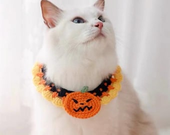 Cute Pumpkin Crochet Cat & Small Dog Collar, Halloween Theme Kitten and Puppy Outfit, Unique Trick or Treat Pet Clothing, Adorable Bandana