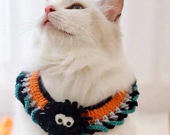 Spooky Spider Halloween Theme Cat & Small Dog Crochet Collar, Scary Unique Pet Trick or Treat Outfit, Fun Kitten and Puppy Bandana Bow Tie