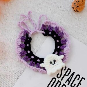 Halloween Theme Cat & Small Dog Crochet Collar, Cute Ghost Style Kitten and Puppy Bandana, Unique Spooky Pet Clothing, Trick or Treat Outfit bild 2