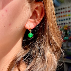 Genuine Jade Gemstone Huggie Earrings, Crystal Earrings, Jade Earrings, Jade Bead Jewelry, Lever Back Huggie Earrings, Tarnish Resistant