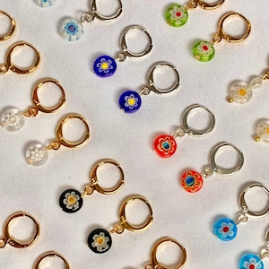 Millefiori Glass Bead Huggie Earrings, Flower Bead Earrings, Colorful Earrings, Millefiori Jewelry, Glass Bead Jewelry, Tarnish Resistant