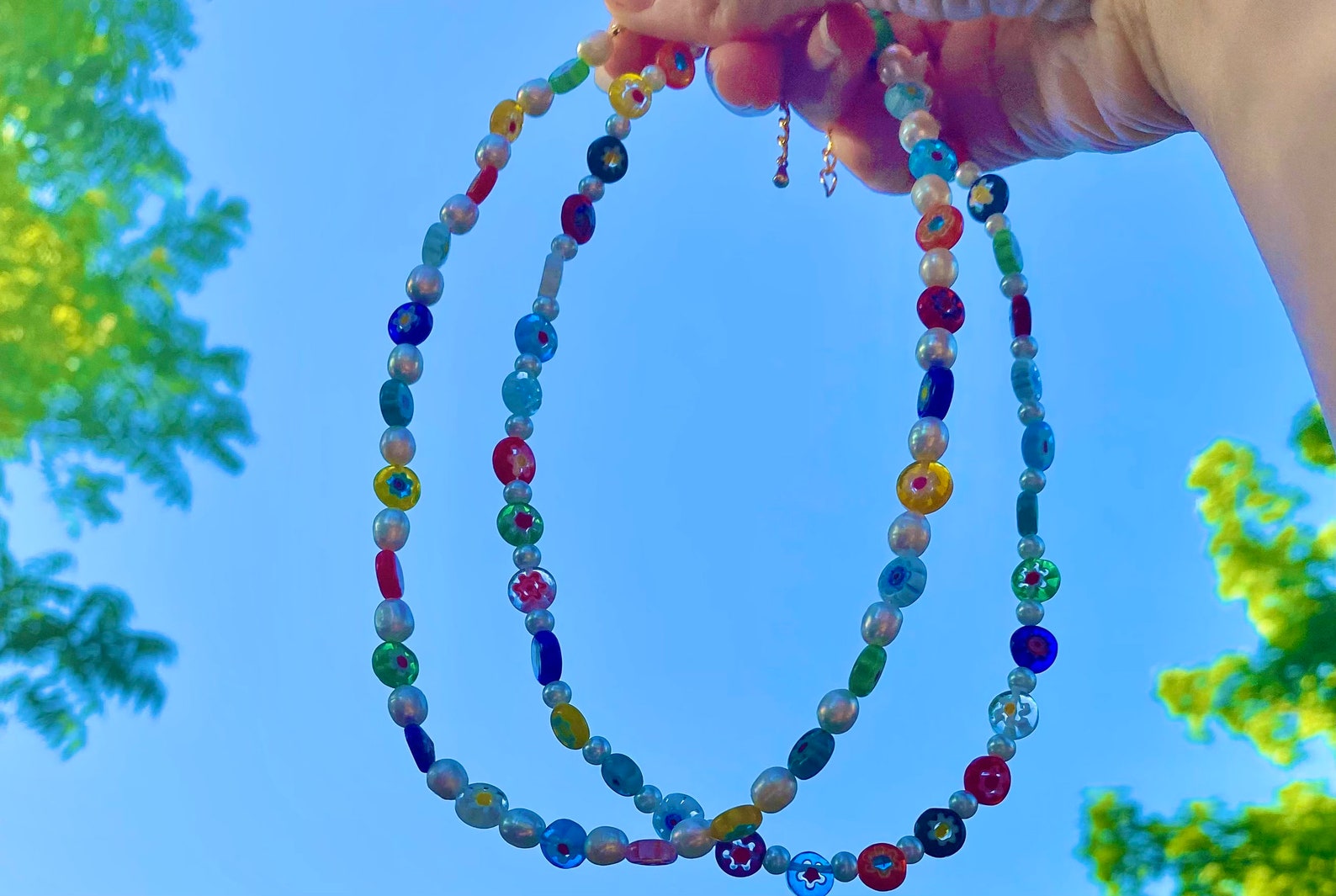 Millefiori Glass Bead Freshwater Pearl Necklace Flower Bead Etsy