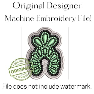 May include: Machine embroidery file with a light green and black design. The design is in the shape of a stylized flower or leaf. The text "Original Designer Machine Embroidery File!" is at the top, and "File does not include watermark" is at the bottom.