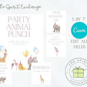 Editable Party Animals Birthday Party Signs Wild One Animals Party-Zoo Safari Animals Girl-Download Printable Template Canva image 1