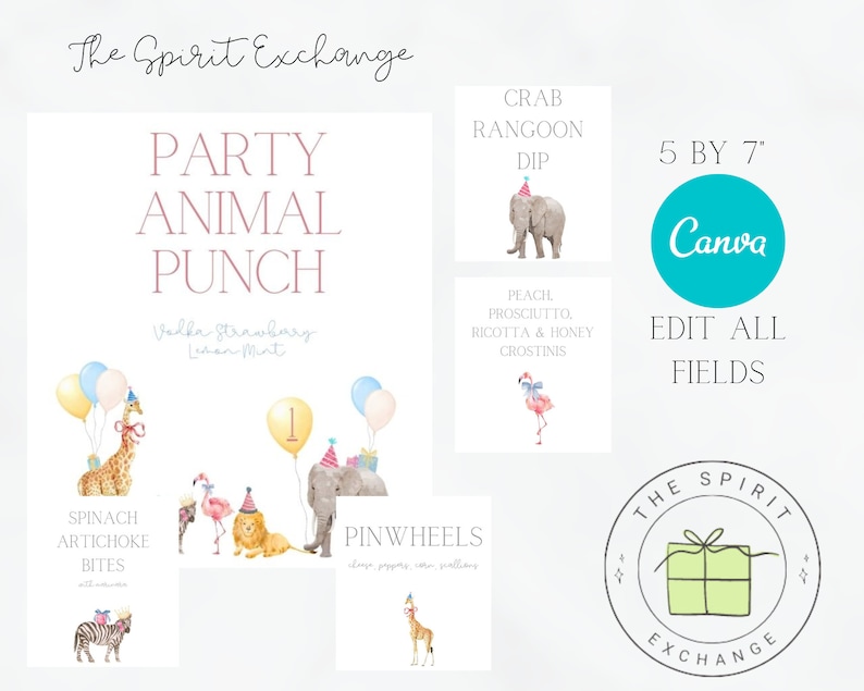 Editable Party Animals Birthday Party Signs Wild One Animals Party-Zoo Safari Animals Girl-Download Printable Template Canva image 1