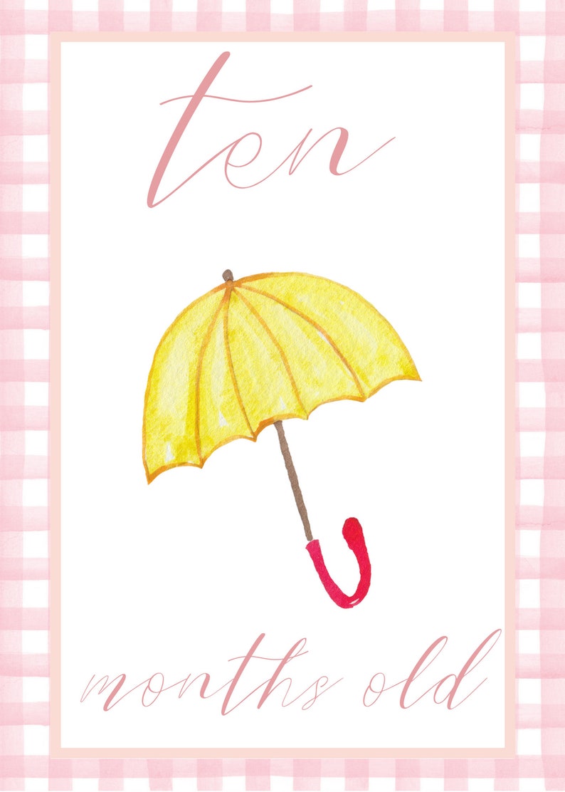 May include: A pink and white gingham border surrounds a white card with the text "ten months old" written in pink cursive. A yellow umbrella with a red handle is illustrated in the center of the card.