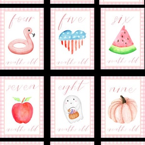 May include: Twelve pink and white cards with a gingham pattern. Each card features a number from one to twelve, written in cursive, and a corresponding illustration. The illustrations include a rainbow, umbrella, popsicle, flamingo, heart with stars, watermelon, apple, ghost, pumpkin, Christmas tree, snowflake, and a birthday cake.