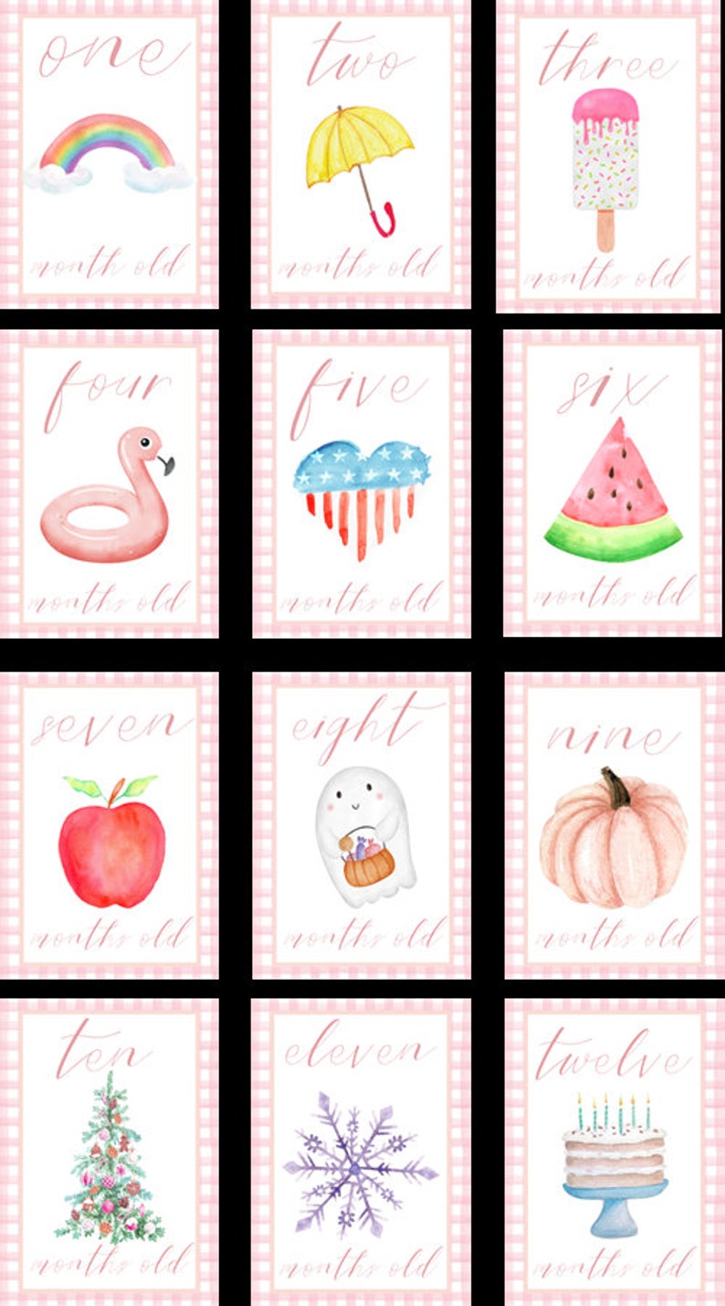 May include: Twelve pink and white cards with a gingham pattern. Each card features a number from one to twelve, written in cursive, and a corresponding illustration. The illustrations include a rainbow, umbrella, popsicle, flamingo, heart with stars, watermelon, apple, ghost, pumpkin, Christmas tree, snowflake, and a birthday cake.