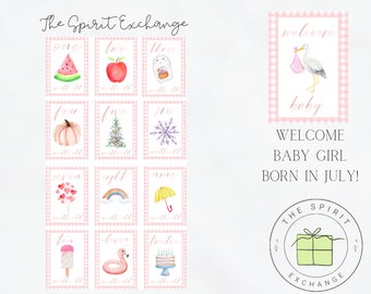 Baby Girl July: Seasonal Milestone Cards | Baby Shower | First Year | Month Cards | Pictures | Monthly Milestone | Baby&#39;s First Year