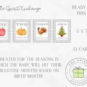 May include: Printable baby milestone cards featuring a set of 13 cards with seasonal themes. The cards are 5x7 inches and feature illustrations of an apple, pumpkin, turkey, and Christmas tree.