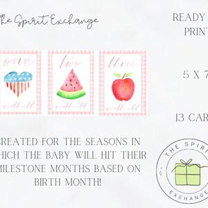 May include: Printable cards for a baby's first year, featuring watercolor illustrations of an American flag heart, a watermelon slice, and a red apple. The cards are designed for each month of the baby's first year, with the text "one month old", "two months old", and "three months old". The cards are 5x7 inches and there are 13 cards in total. The text "The Spirit Exchange" is also included in the image.