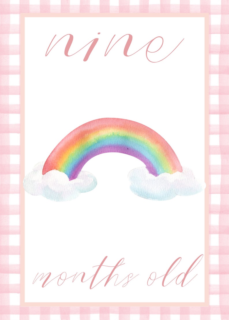 May include: A pink and white gingham background with a white card in the center. The card has the text "nine months old" written in pink cursive. A rainbow with clouds is above the text.