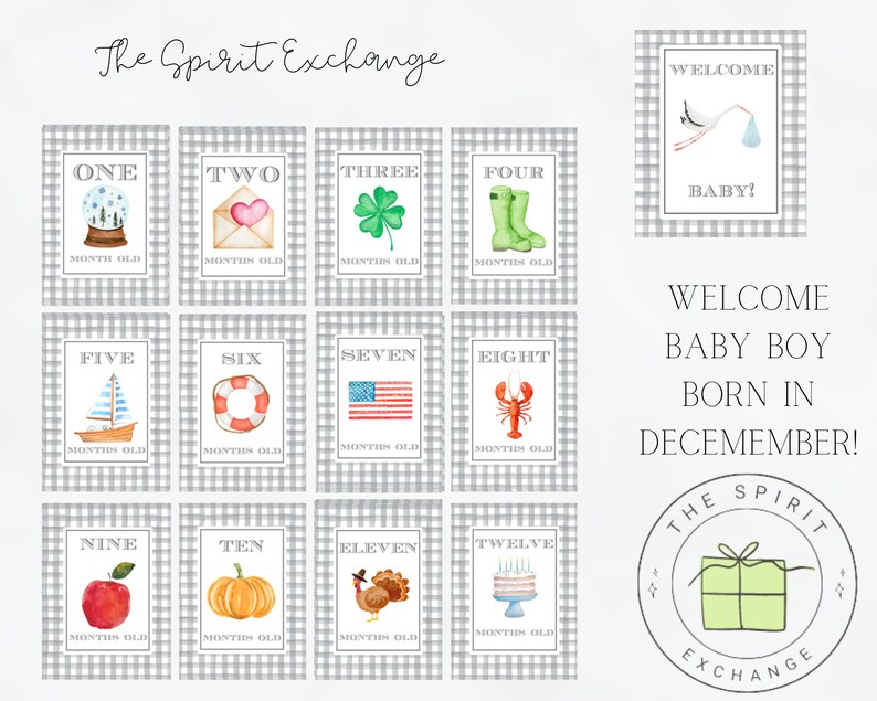 May include: Twelve illustrated cards with a gray and white gingham background. Each card features a number from one to twelve and a corresponding illustration. The text "MONTHS OLD" appears on each card. The cards are part of a baby boy's monthly milestone set. The text "WELCOME BABY BOY BORN IN DECEMBER!" appears on the image. A logo with the text "THE SPIRIT EXCHANGE" is also included.
