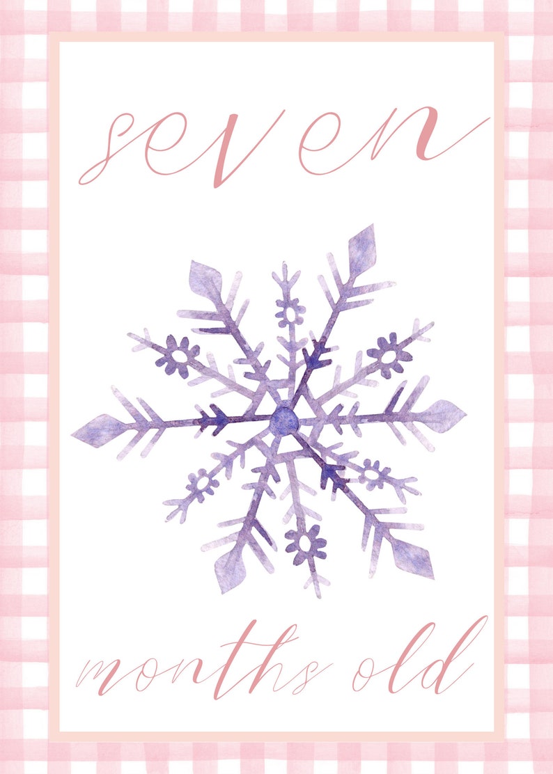 May include: A pink and white gingham border surrounds a white card with the text "seven months old" written in pink cursive. A purple watercolor snowflake is in the center of the card.