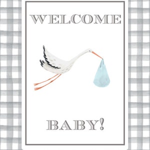 May include: A white stork with black markings flies with a light blue baby bundle in its beak. The background is a gray and white gingham pattern. The text "WELCOME BABY!" is printed on the white card.
