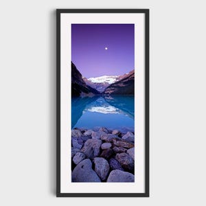 Luna sobre el lago Louise, Impresión fotográfica de bellas artes, Parque Nacional Banff, Alberta, Canadá, Arte mural, Montañas Rocosas Canadienses, Montañas Rocosas