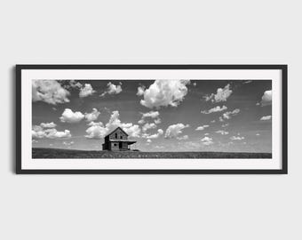 Verlaten boerderij fotografieprint, zwart-wit Saskatchewan muurkunst