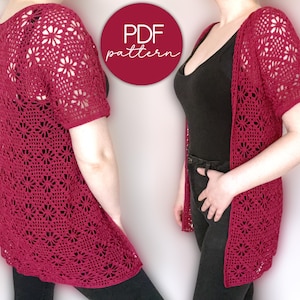 Peut inclure: Un cardigan en crochet avec un motif floral de couleur rouge foncé. Le cardigan est ample et à manches courtes. L'image comprend le texte "PDF pattern".