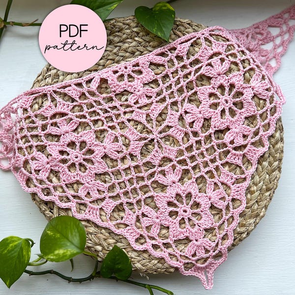 Crochet Pattern: Lacy Bandana with Flower Squares V2, PDF Digital Download