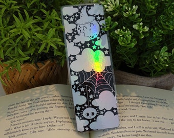 Holographic Bookmark of a Cute Spider with the Moon and Clouds, Bookish Gift Idea for an Avid Reader
