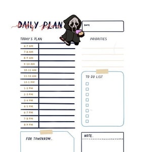Può includere: Un planner giornaliero con un'illustrazione in bianco e nero di una figura mascherata che tiene un telefono. Il planner ha sezioni per il piano di oggi, le priorità, la lista di cose da fare, una nota e per domani.