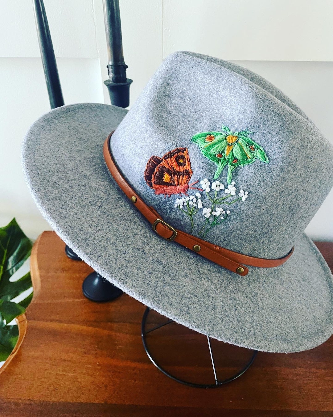 Hand Embroidered Hat, Atlas Moth, Lunar Moth, Wool Hat, Fall Hat