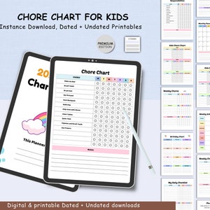 Puede incluir: Un cuadro de tareas imprimibles digital para niños con un diseño de arcoíris y nubes. El cuadro incluye una lista de verificación para las tareas diarias, un horario semanal y un cuadro de cumpleaños. El texto "Chore Chart for Kids" está en la parte superior de la imagen. El texto "Instance Download, Dated + Undated Printables" está debajo del título. El texto "Premium Edition" está en un círculo rosa en la parte superior derecha de la imagen.