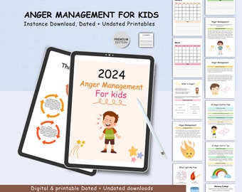 May include: A digital download for printable anger management worksheets for kids. The cover features a cartoon boy with red hair and a red shirt, with the text "2024 Anger Management For Kids" in a yellow box.