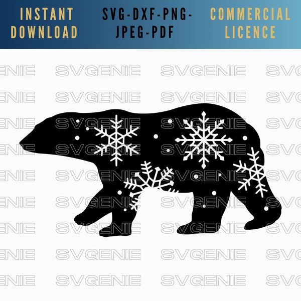 Polar bear SVG, snow bear DXF, Christmas bear PNG, winter animals Svg, snowflake bear svg, artic animals png, polar bear cut file