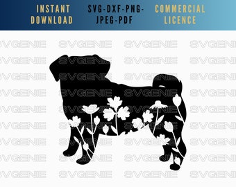 Floral Pug SVG, PNG, DXF, Wildflower Silhouette (Cut File)