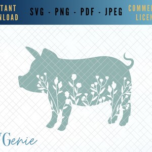 Pig SVG, floral pig PNG, pig silhouette, farm animal vector, cute pig svg, pig wildflowers png, country kitchen svg, farmhouse cut file