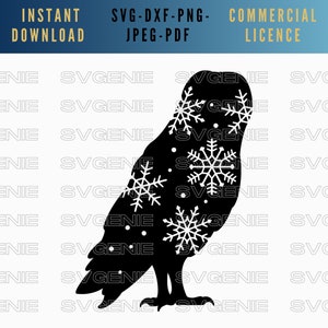 Hibou SVG, hibou des neiges PNG, hibou d’hiver Dxf, silhouette de flocon de neige, effraie des clochers svg, chouette de Noël png, hibou de nuit Sid svg, oiseau prédateur svg