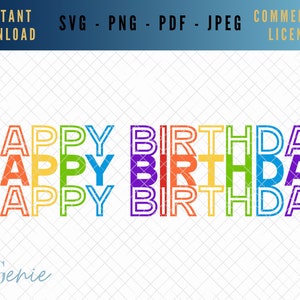 Feliz cumpleaños SVG, cumpleaños arco iris SVG, colorido cumpleaños Vector, saludos de cumpleaños svg, mejores deseos svg, celebración de cumpleaños svg